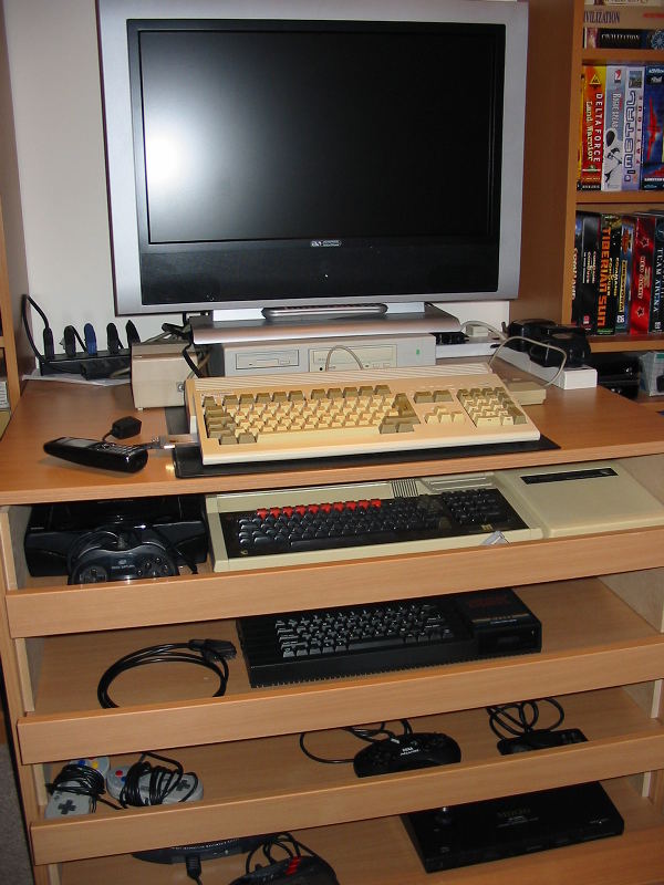 Main retro console setup: Acorn A7000 (with CF hard drive &amp; 10BaseT ethernet), Amiga A1200 (40MHz '030 &amp; CF hard drive), Saturn &amp; BBC Micro Master 128 + 6502 co-processor + SD card hard disk, ZX Spectrum +3 and +DivIDE hard drive interface, SNES + PowerPak CF reader &amp; Megadrive + NeoMyth 3-in-1 &amp; NEC Turbo Duo, Jaguar &amp; NeoGeo AES.