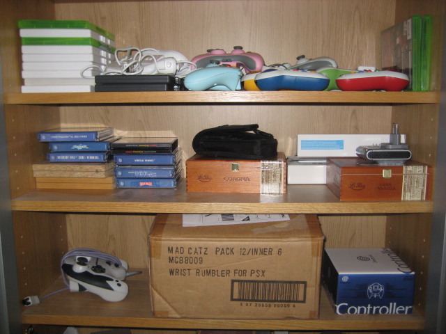 Zoom in on the games section of the bookcase
