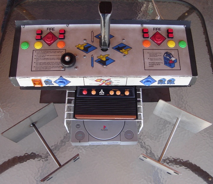 Zaxxon Arcade Controller Steel Plates and Rod Top - Atari Flashback Wire Shelf Middle - PS1 Bottom.jpg