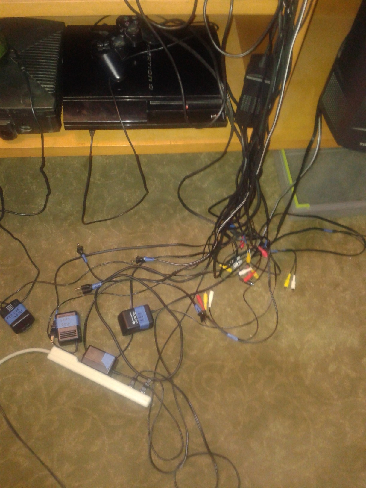 The mess of wires, note the blue tape. This is how I tell which ones go to which system.